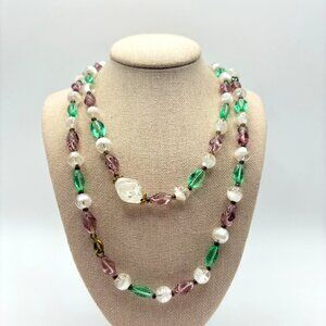 Artisan Glass Bead Green Purple White Freeform Round Stone Beaded Necklace 54" L